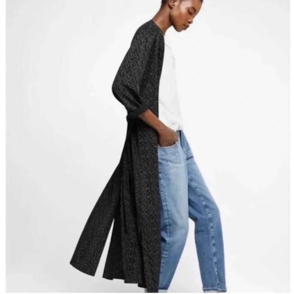 Eileen Fisher Black and White Speck Morse Code Duster Wrap Kimono Cardigan
